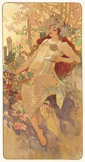 ALPHONSE MUCHA (1860-1939).  [THE SEASONS]. Group of 4 decorative panels. 1896. Each approximately 41x21½ inches, 104x51½ cm. [F. Champ